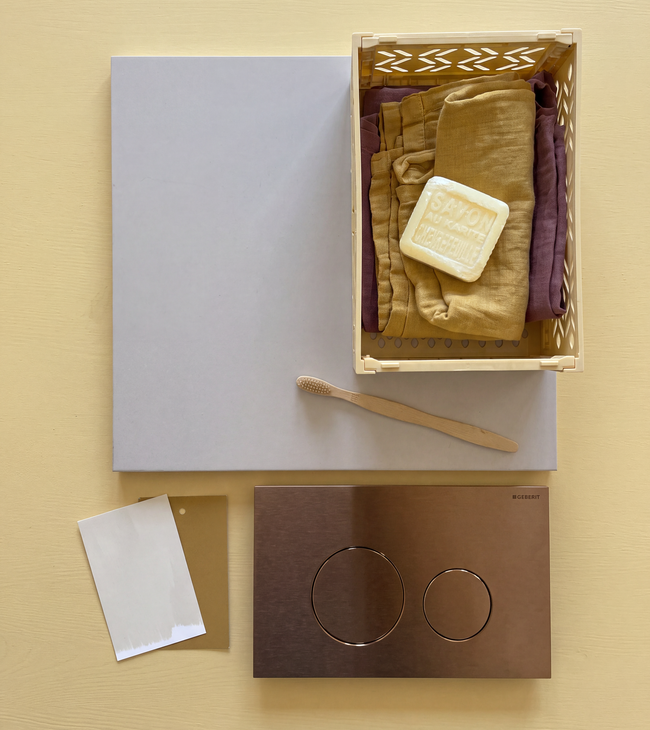 Toilet inspiratie in 2026 moodboard butteryellow met duwplaat in brons