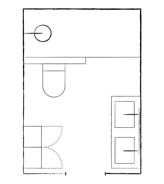 Grondplan van een kleine badkamer met inloopdouche tegen de korte muur