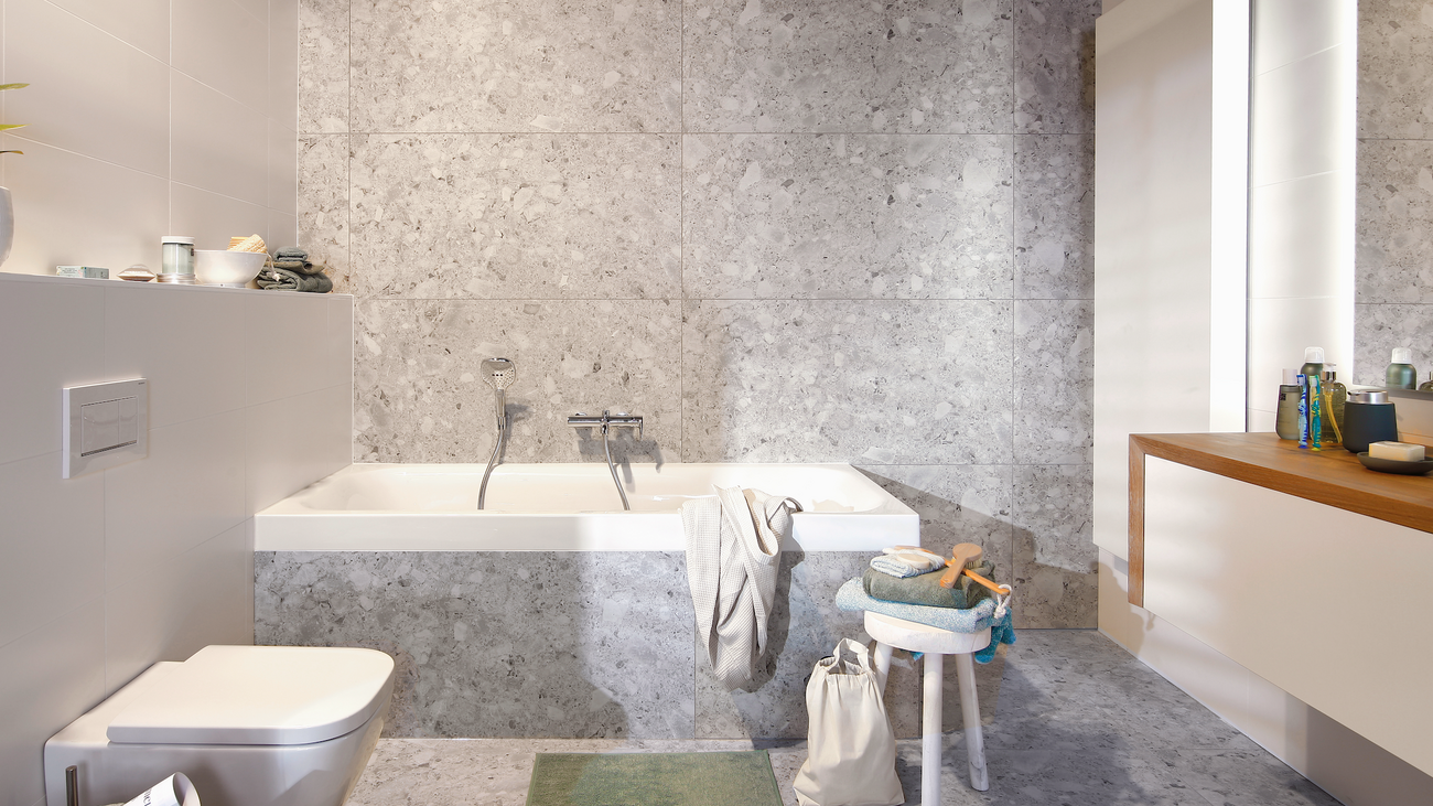 Gezellige Nordic badkamer met terrazzo tegel