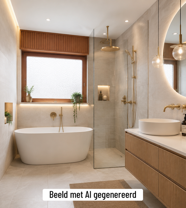 Met AI gegenereerd badkamerbeeld van een beige badkamer