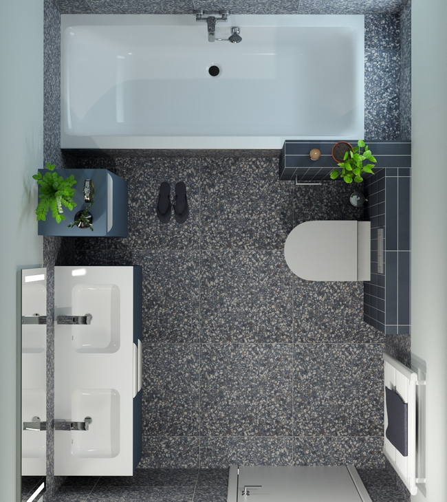 Bovenaanzicht van een slim ingerichte kleine badkamer met ligbad, dubbele wastafel en hangtoilet in moderne stijl.