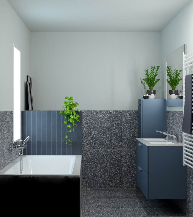 Moderne kleine badkamer met ligbad, strak badkamermeubel en terrazzo tegels, afgewerkt met groene planten voor sfeer.
