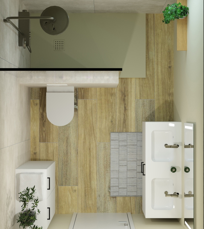 Bovenaanzicht van een kleine badkamer van 200 x 280 cm met inloopdouche in natural stijl